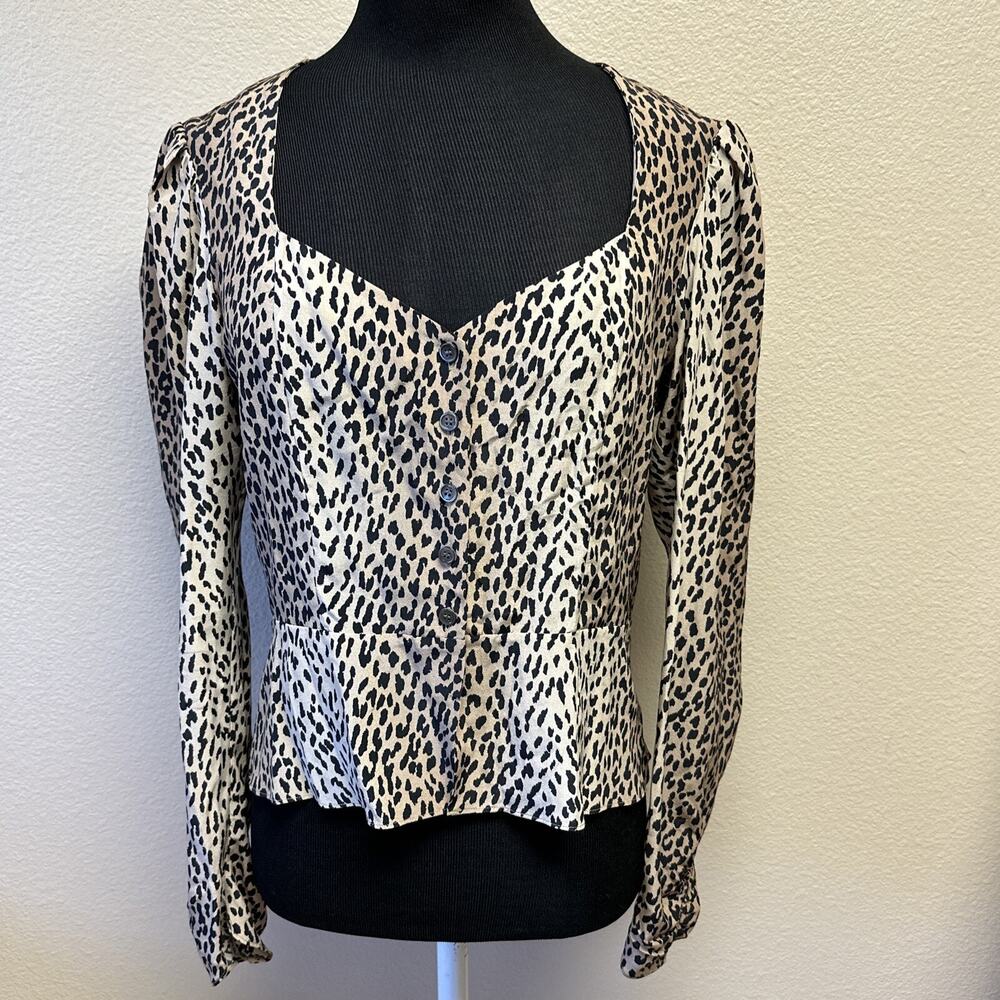 Frame Women's Small Silk Leopard Animal Print Blouse puff sleeve Classic